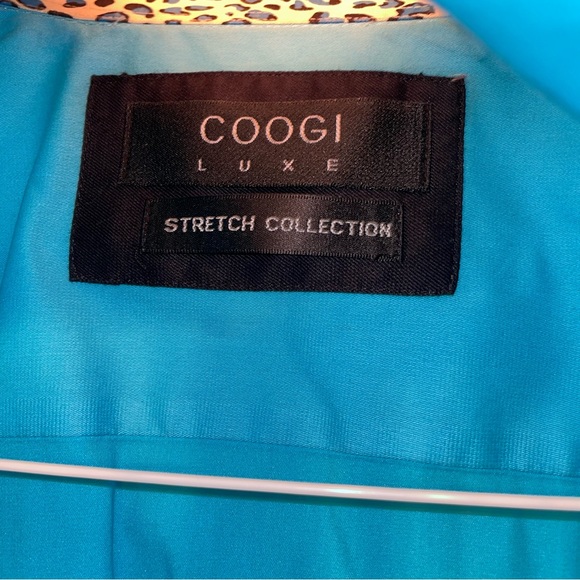 COOGI Luxe Stretch Collection Blue button shirt w/ Leopard cuffs & collar - Picture 4 of 13